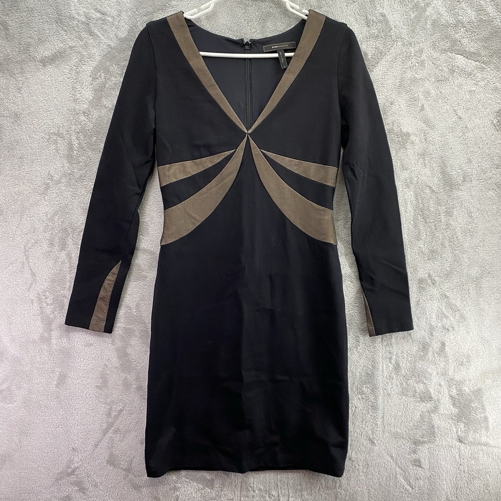 Black Bronze Mesh Colorblock Bodycon Mini Dress Women's S Long Sleeve Party